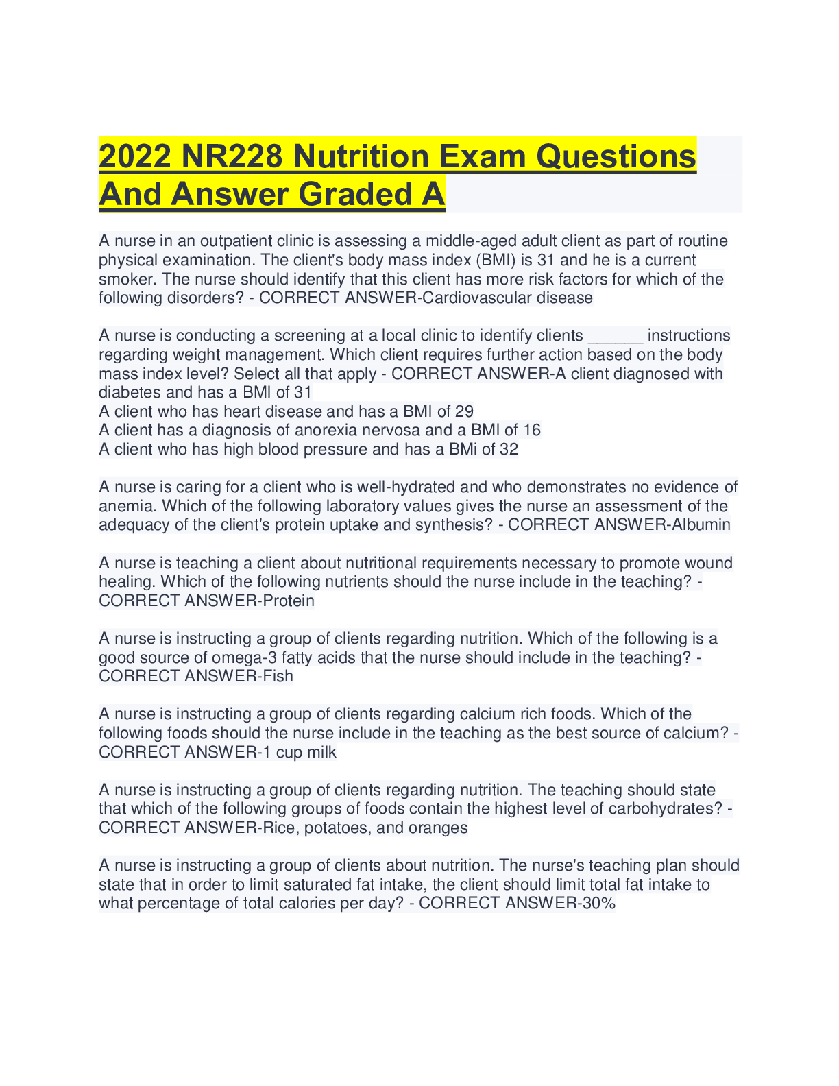 Preview image for 2022 NR228 Nutrition Exam Questions And Answer Graded A